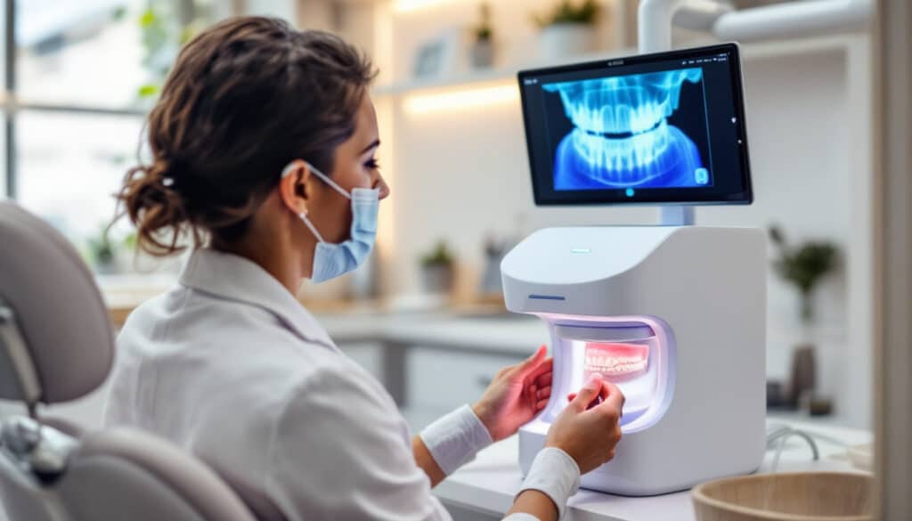 dentista en procedimiento radiografia en pantalla digital
