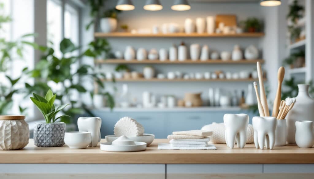 estanteria con tazas y objetos decorativos dentales