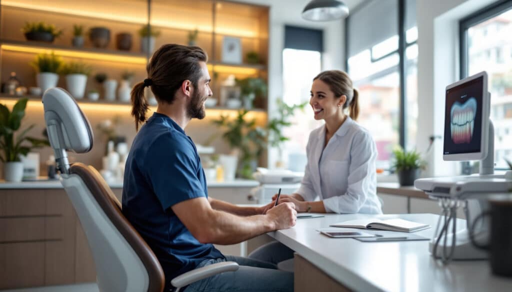 paciente hablando con su dentista en un consultorio con equipos tecnologicos