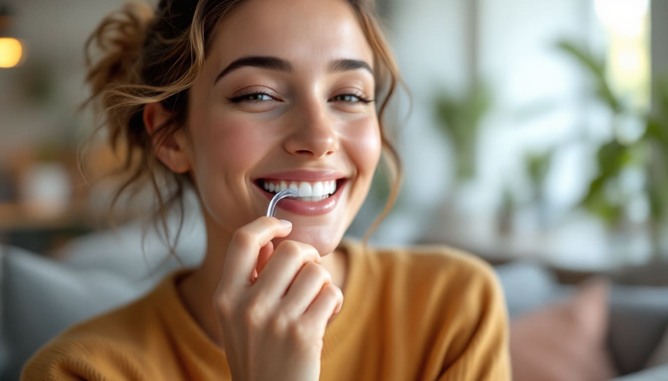 mujer con ropa marron sonriendo mientras cepilla sus dientes en casa
