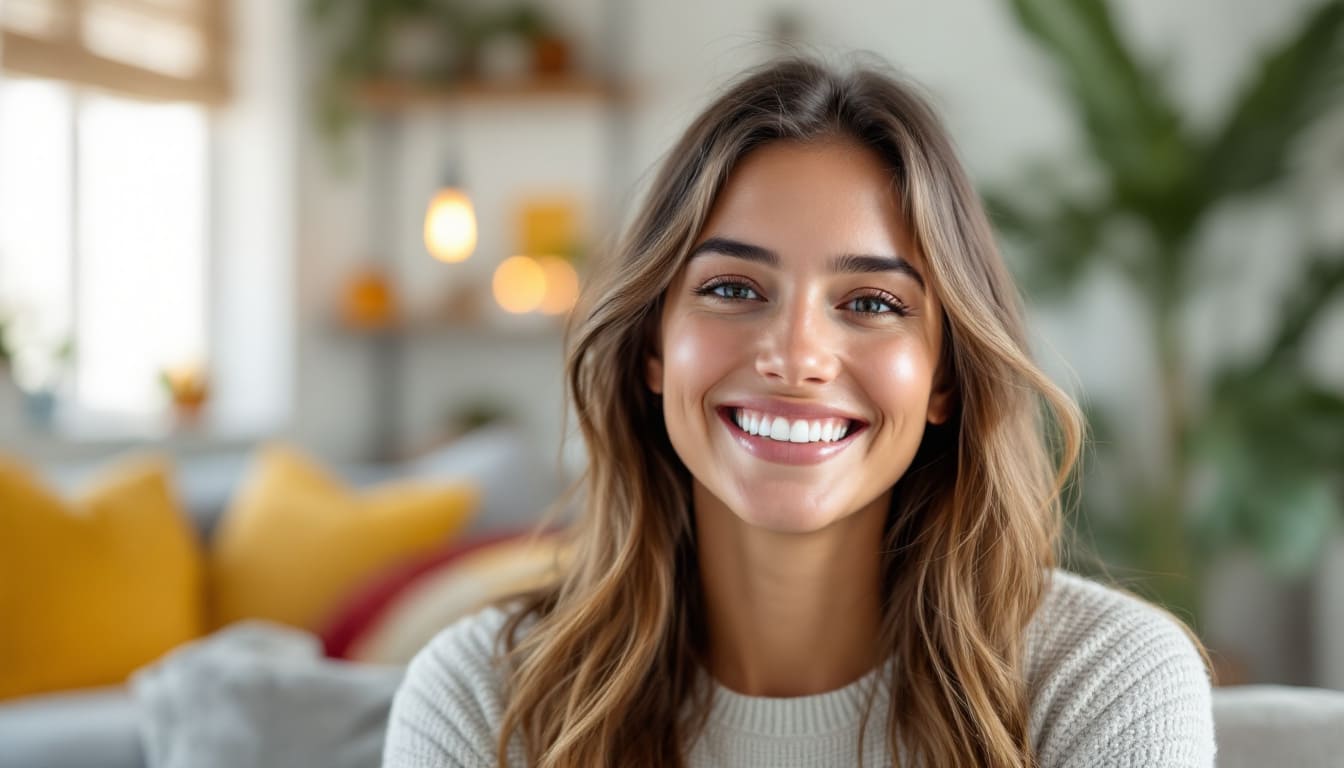 mujer sonriente sentada en sofa con cojines coloridos en salon luminoso