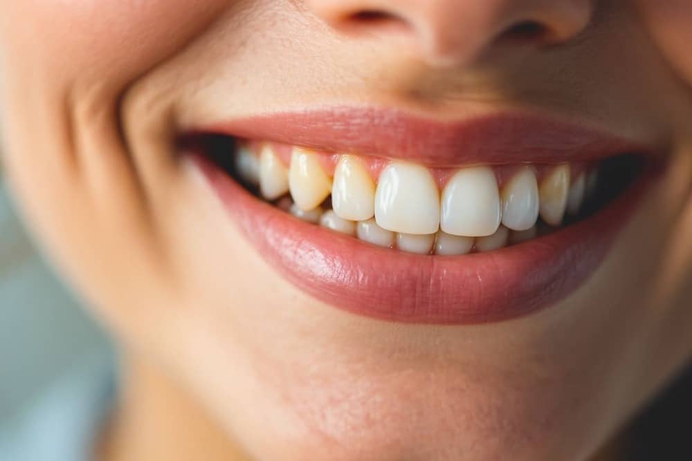 sonrisa de persona con labios rosados y dientes blancos enfocados sonrisa de persona con labios rosados y dientes blancos enfocados