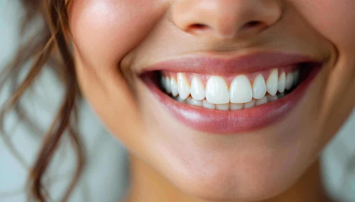 Carillas de zirconio: guía completa A photograph of a close-up of a smiling person showcasing their zirconia veneers