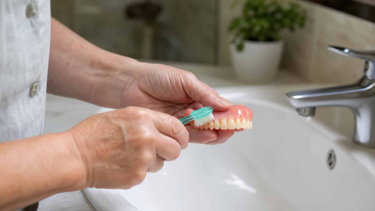 Close-up of a person’s hands using a green toothbrush to clean a set of dentures over a white bathroom sink. Close-up of a person's hands using a green toothbrush to clean a set of dentures over a white bathroom sink.