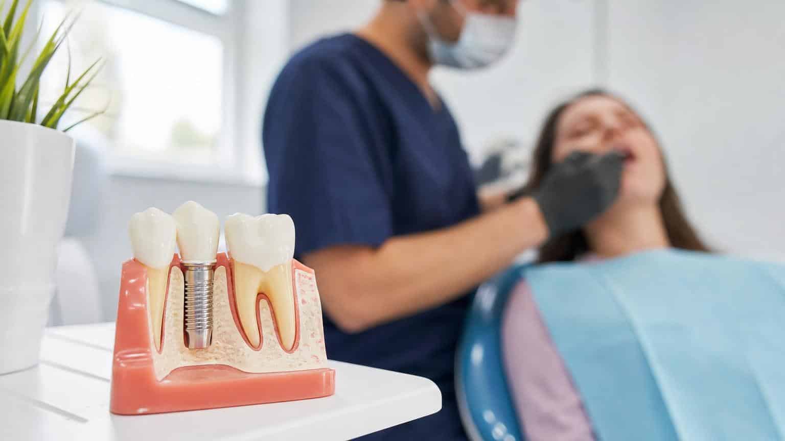 Anatomical model of a dental implant in a jawbone on a clinic table, with a dentist treating a patient in the blurred background.